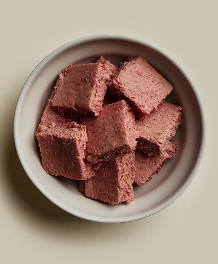 Dog food bowl full of We Feed Raw highly nutrient chicken raw food