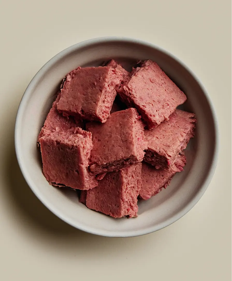 Dog food bowl full of We Feed Raw highly nutrient duck raw food