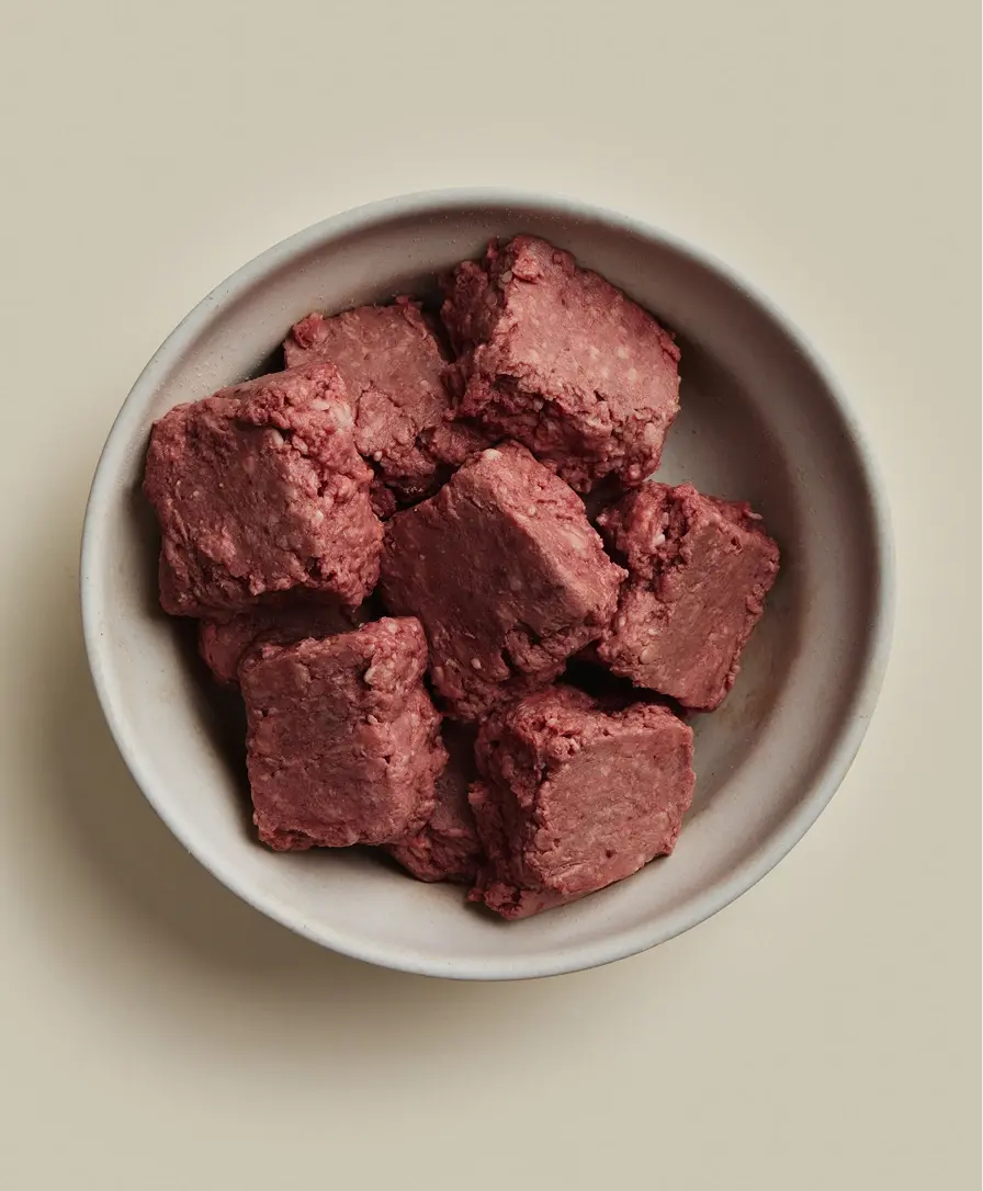 Dog food bowl full of We Feed Raw highly nutrient lamb raw food